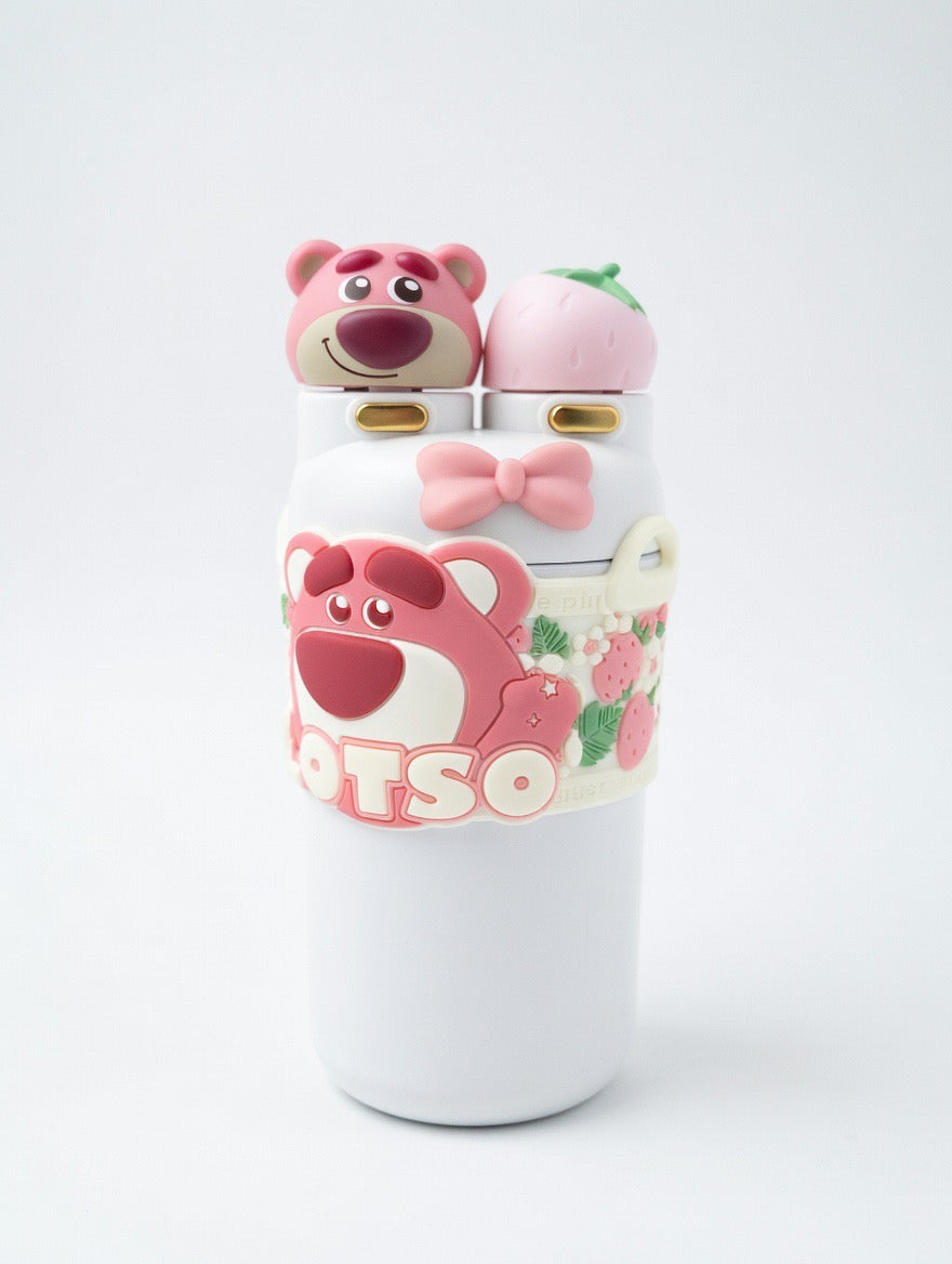 Adorable White Lotso Double Straw Drink Tumbler with Strap