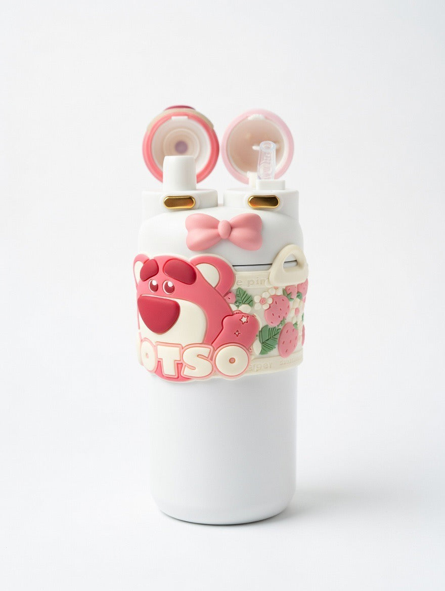 Adorable White Lotso Double Straw Drink Tumbler with Strap