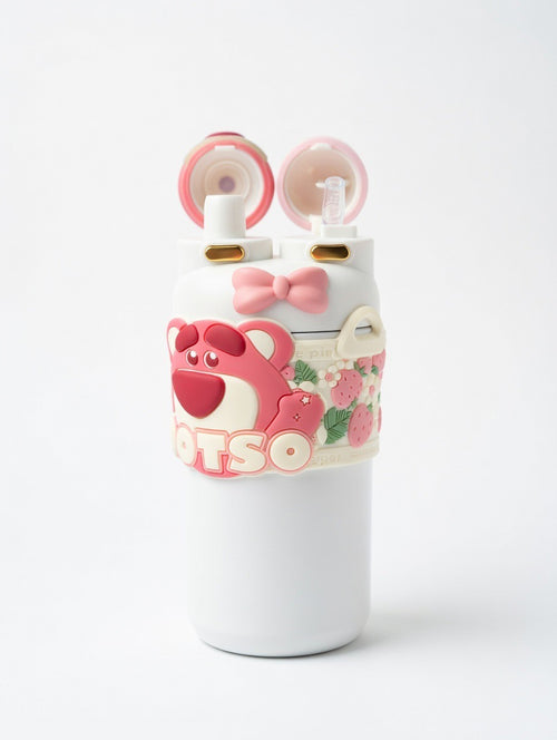 Adorable White Lotso Double Straw Drink Tumbler with Strap