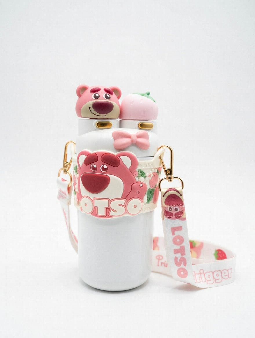 Adorable White Lotso Double Straw Drink Tumbler with Strap
